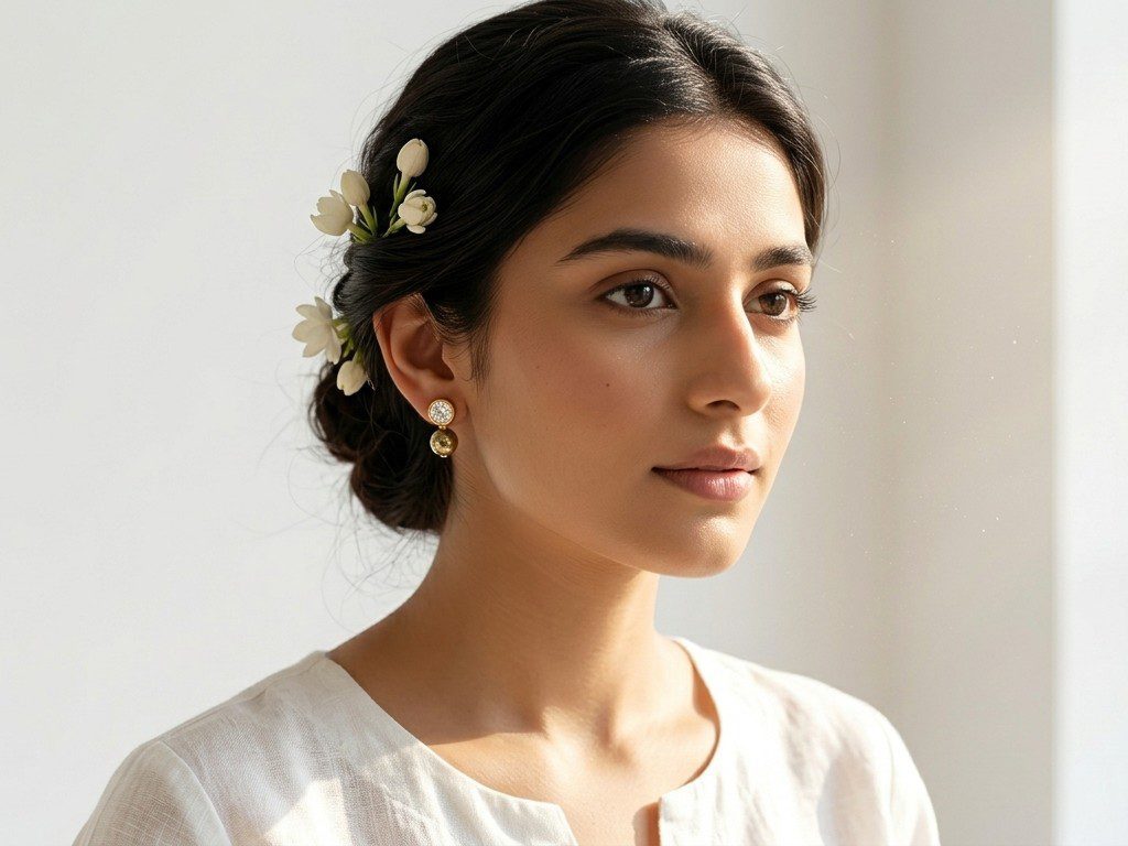 Sitara minimal stud earrings worn — gold zircon and hematite everyday earrings, Dango Meraki collection COD Pakistan