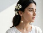 Laila pearl hematite drop earrings worn — 2 inch gold chain earrings with natural stone, Dango Meraki collection COD Pakistan