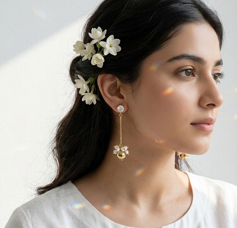 Laila pearl hematite drop earrings worn — 2 inch gold chain earrings with natural stone, Dango Meraki collection COD Pakistan