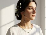 Aab aquamarine necklace worn at collarbone — natural stone floating bead necklace gold chain, Dango Meraki collection COD Pakistan
