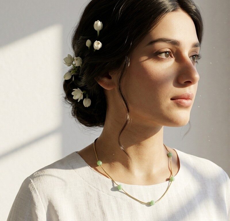 Aab aquamarine necklace worn at collarbone — natural stone floating bead necklace gold chain, Dango Meraki collection COD Pakistan