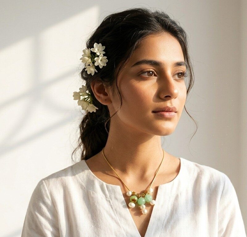 Gulnaar jade pearl necklace worn — natural stone cluster pendant gold snake chain, Dango Meraki collection COD Pakistan