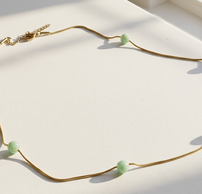 Aab natural aquamarine necklace — gold plated snake chain with floating aquamarine beads, Meraki collection by Dango Pakistan