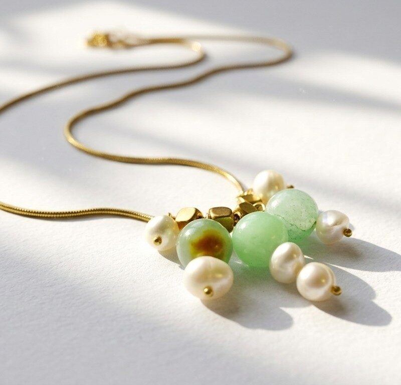Gulnaar natural jade and freshwater pearl cluster necklace — gold plated snake chain, Meraki collection by Dango Pakistan