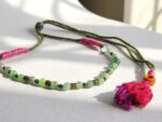 Zindagi natural jade dori choker necklace — handwoven olive green cord with jade beads and fuchsia tassel, Meraki collection by Dango Pakistan