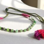 Zindagi natural jade dori choker necklace — handwoven olive green cord with jade beads and fuchsia tassel, Meraki collection by Dango Pakistan