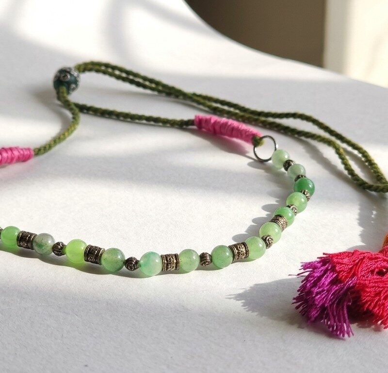 Zindagi natural jade dori choker necklace — handwoven olive green cord with jade beads and fuchsia tassel, Meraki collection by Dango Pakistan