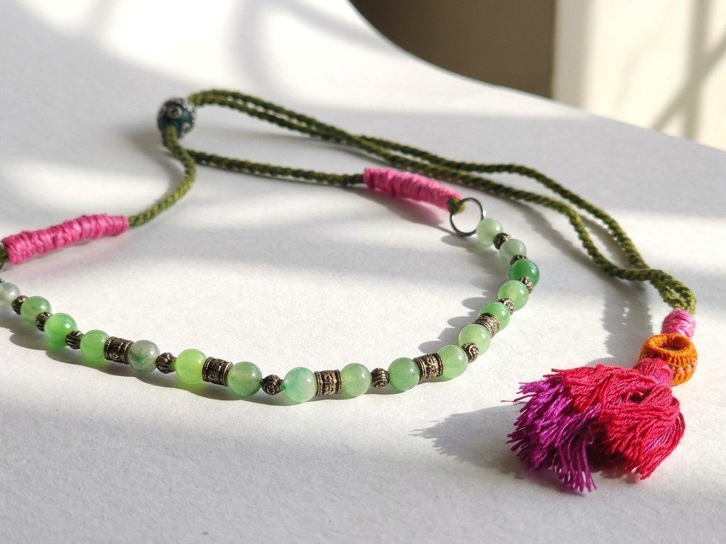 jade choker Zindagi natural jade dori choker necklace — handwoven olive green cord with jade beads and fuchsia tassel, Meraki collection by Dango Pakistan
