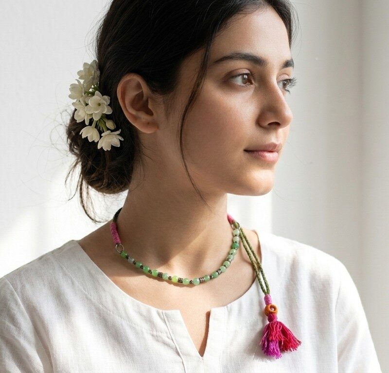 Zindagi jade dori choker worn — traditional Pakistani dori necklace with fuchsia tassel, Dango Meraki collection COD Pakistan