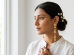 Zanjeer long bridal earrings worn — 3 inch gold chain drop earrings, Dango Meraki collection, COD Pakistan