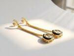 Mehr kundan chain drop earrings — gold plated pave zircon bar stud with green enamel kundan dangle, Meraki collection by Dango Pakistan