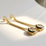 Mehr kundan chain drop earrings — gold plated pave zircon bar stud with green enamel kundan dangle, Meraki collection by Dango Pakistan