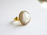 Dango Noor Statement Ring for Women, Gold Tone Alloy, Freshwater Baroque Pearl & Rhinestones, Size 8, Modern Style