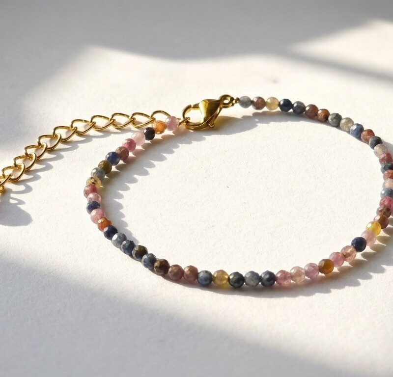 Raani natural sapphire and ruby bracelet — gold plated steel chain with genuine gemstones, Meraki collection by Dango Pakistan