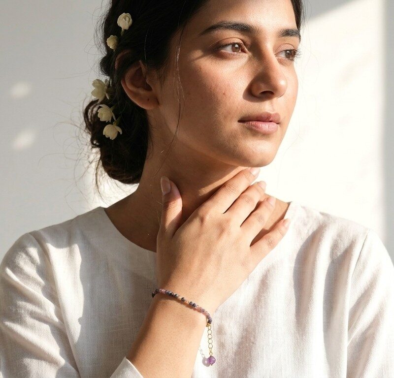 Raani natural gemstone bracelet worn — sapphire and ruby gold bracelet, Dango Meraki collection premium jewelry COD Pakistan