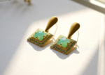 Jahan geometric statement earrings — gold plated sage green zircon earrings with turquoise bead border, Meraki collection by Dango Pakistan