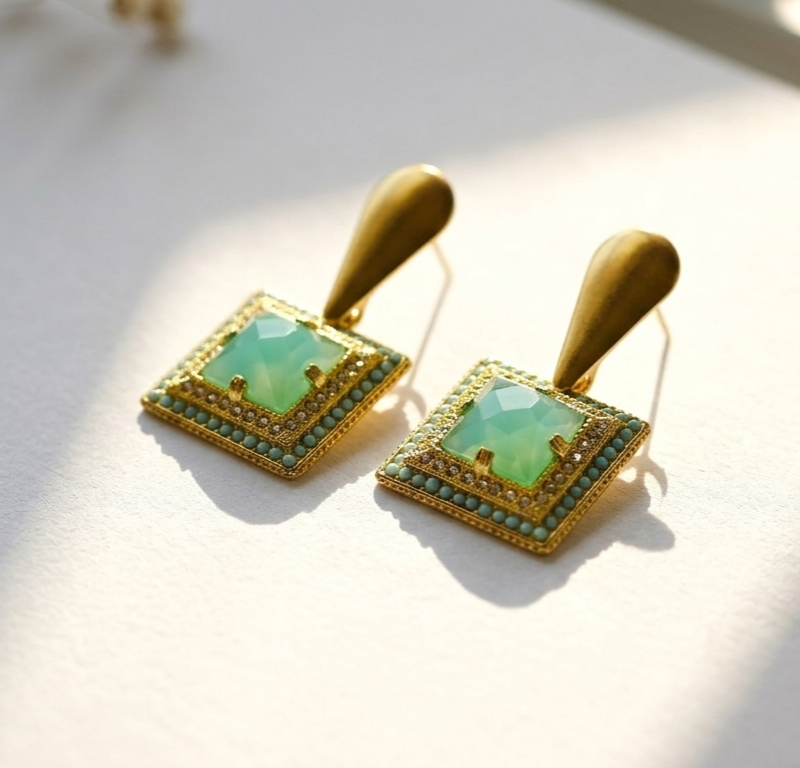 Jahan geometric statement earrings — gold plated sage green zircon earrings with turquoise bead border, Meraki collection by Dango Pakistan