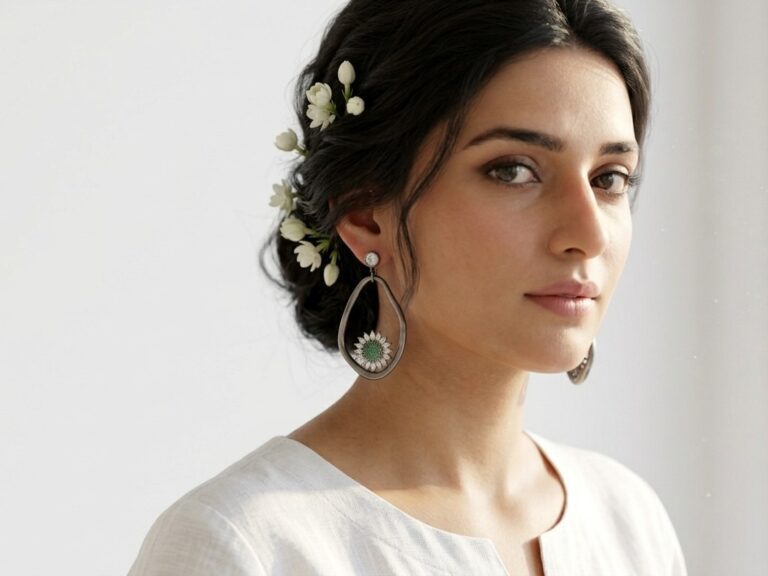 Gul statement hoop earrings worn — oxidised flower zircon earrings, art jewelry Dango Pakistan COD
