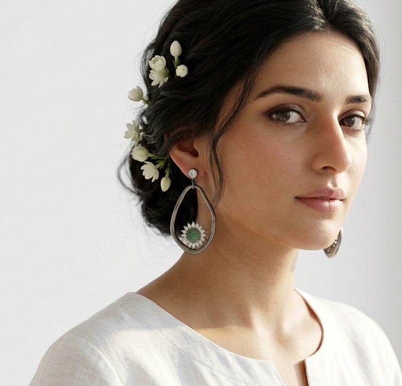 Gul statement hoop earrings worn — oxidised flower zircon earrings, art jewelry Dango Pakistan COD