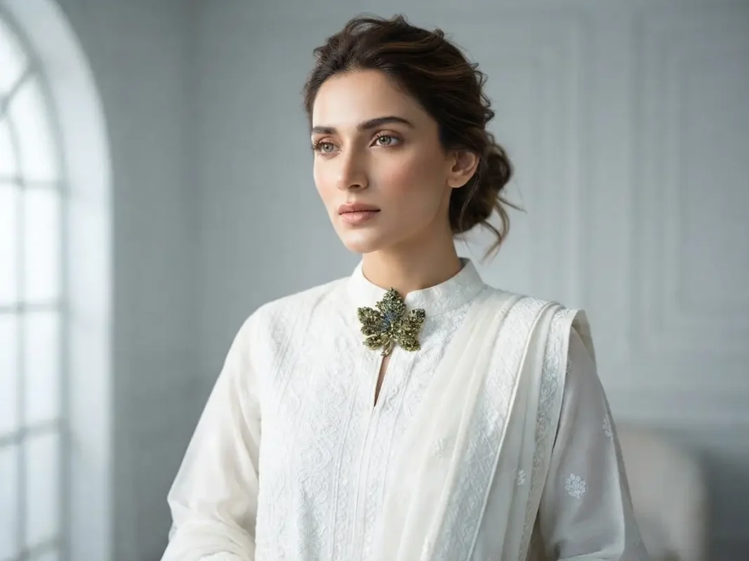 Model in Pakistan wearing the Dango green crystal maple leaf brooch pinned securely to a blazer lapel.