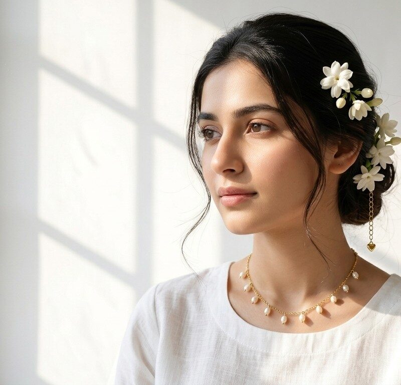 A woman wearing the Dango 18K gold plated freshwater pearl drop choker around her neck. The model is wearing no other jewelry, emphasizing the single delicate pearl necklace.