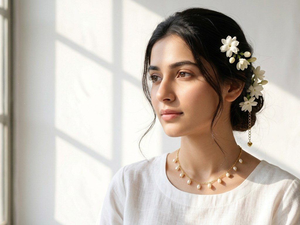 A woman wearing the Dango 18K gold plated freshwater pearl drop choker around her neck. The model is wearing no other jewelry, emphasizing the single delicate pearl necklace.