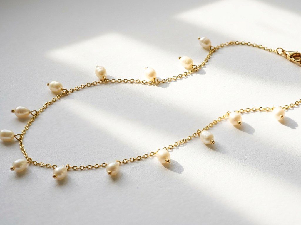 Dango 18K gold plated chain necklace with dangling freshwater pearls resting on a white background.