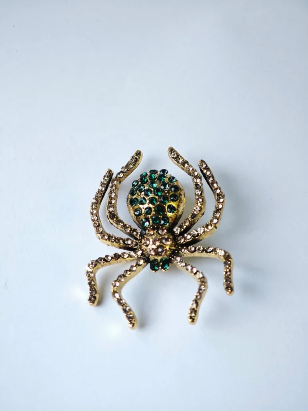 Dango 1.8x1.35 inches vintage green crystal spider brooch made of alloy with rhinestones, displayed flat on a clean surface, available in Pakistan.
