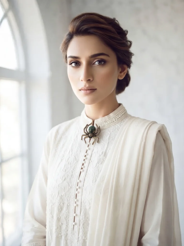 Model in Pakistan wearing the Dango crystal spider brooch pinned securely. by dango pakistan