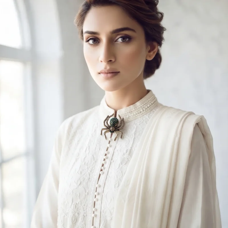 Model in Pakistan wearing the Dango crystal spider brooch pinned securely. by dango pakistan