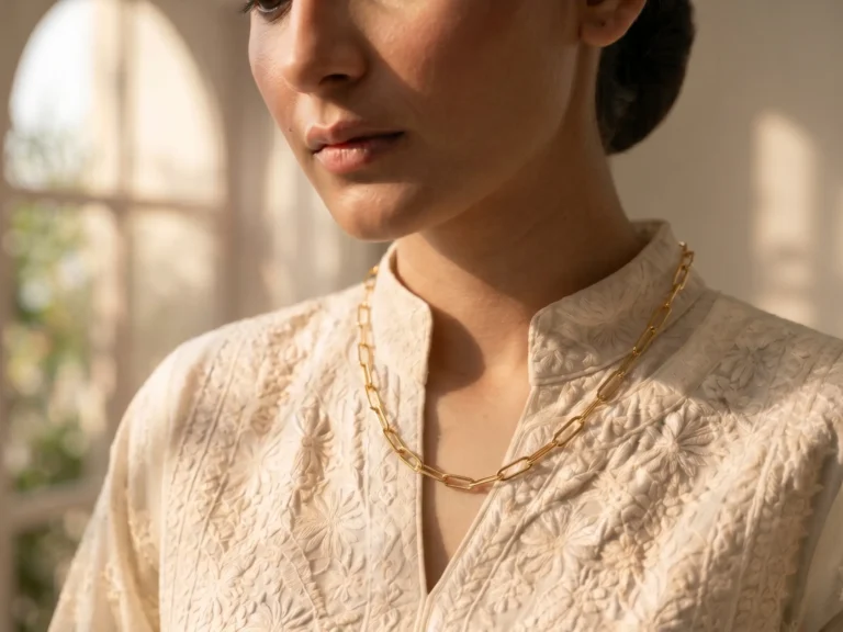 Model in Pakistan wearing the Dango gold plated stainless steel paperclip chain necklace alone against her neckline.