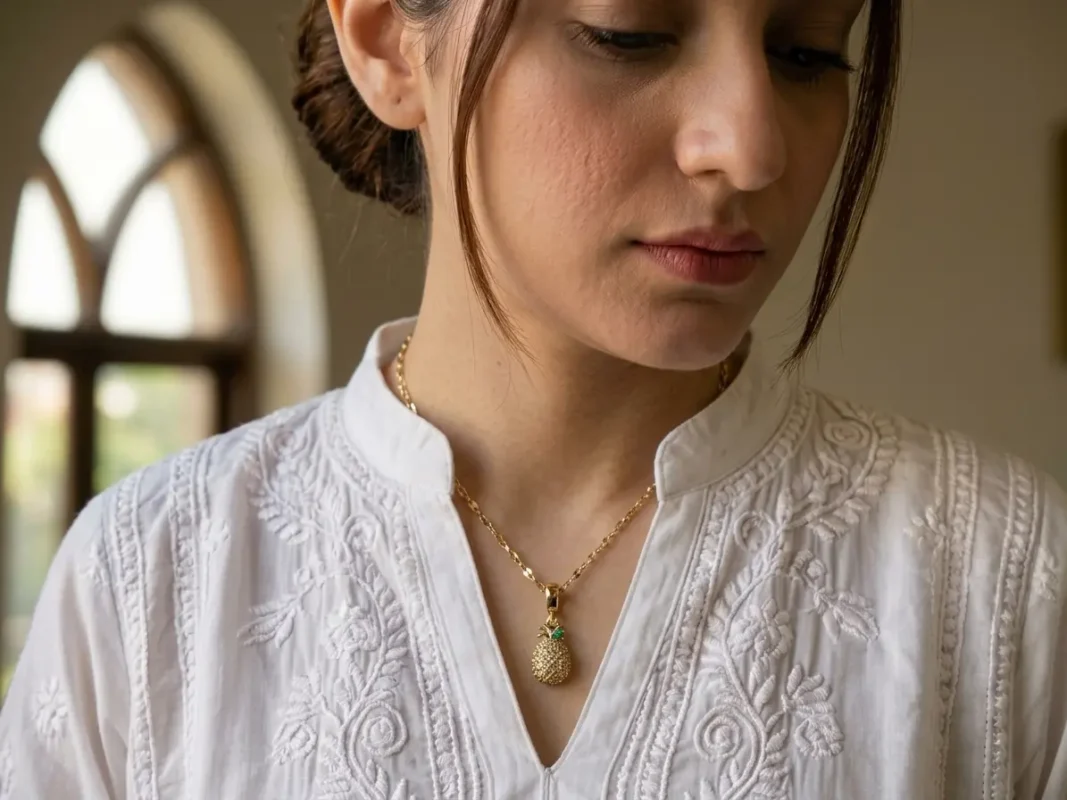 Model in Pakistan wearing the Dango gold plated crystal pineapple pendant necklace against her neckline.