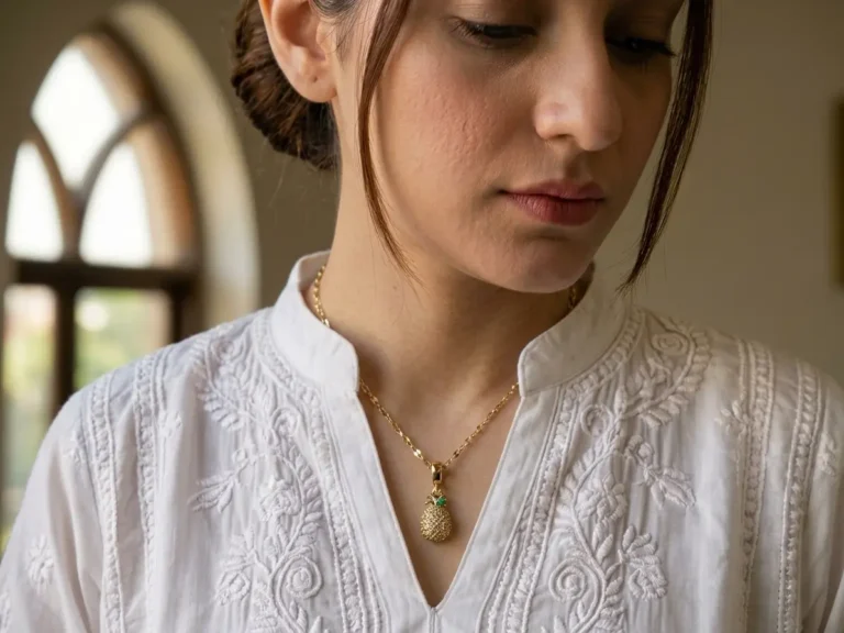 Model in Pakistan wearing the Dango gold plated crystal pineapple pendant necklace against her neckline.