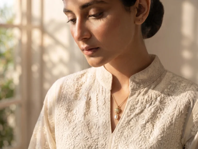 Model in Pakistan wearing the Dango gold plated seashell and freshwater pearl pendant necklace against her neckline.