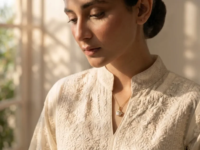 Model in Pakistan wearing the Dango gold plated white enamel fish pendant necklace against her neckline.